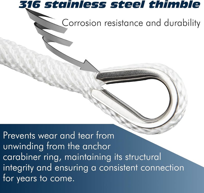 PropelTech Anchor Rope Braided Anchor Line(White, 3/8" x 100') Premium Solid Braid MFP Boat Rope with Stainless Steel Thimble & Shackle, Quality Marine Line, Boat Accessories - Image 3
